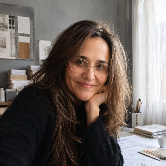 Aylin Türk, iç mimar, stüdyosunda proje planları ve malzeme örnekleriyle